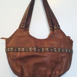 The Sak-Indio Brown Leather Hobo Bag with Beaded Trim
